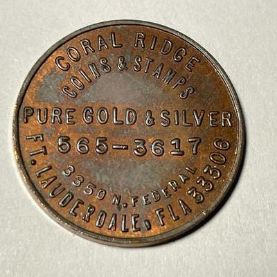 Scarce 1977 Coral Ridge Coins & Stamps Advertising Token/Penny Ft. Lauderdale Florida Nickel Sized Token. FREE DOMESTIC SHIPPING.