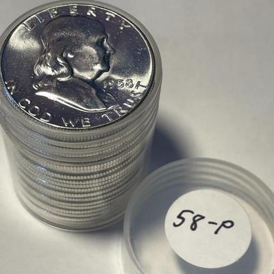 CHOICE BU ROLL OF (20) 1958 BRILLIANT UNCIRCULATED FRANKLIN SILVER HALF DOLLARS ORIGINAL! FREE DOMESTIC SHIPPING.