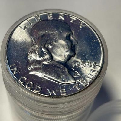 CHOICE BU ROLL OF (20) 1958 BRILLIANT UNCIRCULATED FRANKLIN SILVER HALF DOLLARS ORIGINAL! FREE DOMESTIC SHIPPING.