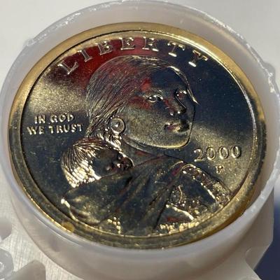 CHOICE BU ROLL OF (25) 2000-P BRILLIANT UNCIRCULATED/PL SACAGAWEA DOLLARS ORIGINAL! FREE DOMESTIC SHIPPING.
