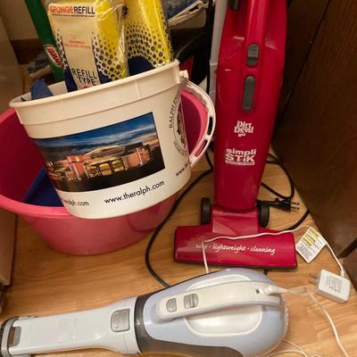 Small vacuums, brooms, & garbage can