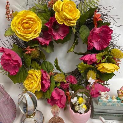 Spring Decor Lot - flowers, basket, musical egg, bunny figurine, doll sweater, etc