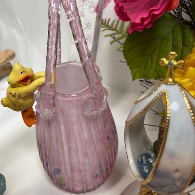 Spring Decor Lot - flowers, basket, musical egg, bunny figurine, doll sweater, etc