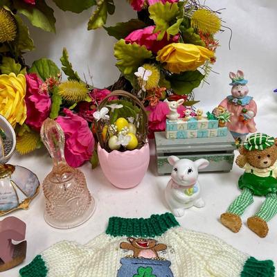 Spring Decor Lot - flowers, basket, musical egg, bunny figurine, doll sweater, etc