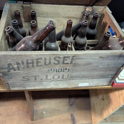 Anheuser-Busch St. Louis Wooden Box With Vintage Brown Bottles
