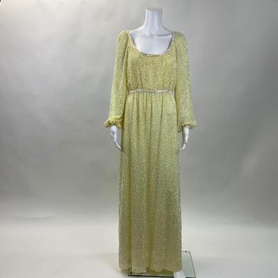 317 LILLIE RUBIN Yellow Beaded Gown Balloon Sleeves