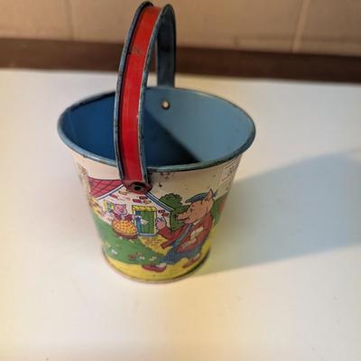 Vintage Fairytale Three Little Pigs Tin Sand Bucket