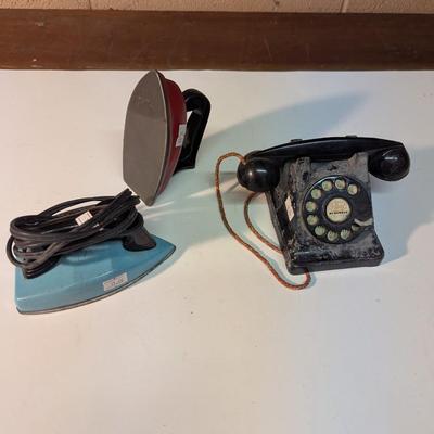 Vintage Miniature Irons & Telephone