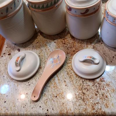 TAOS TREASURE CRAFT CANISTER SET W/EXTRA LIDS AND SPOON REST