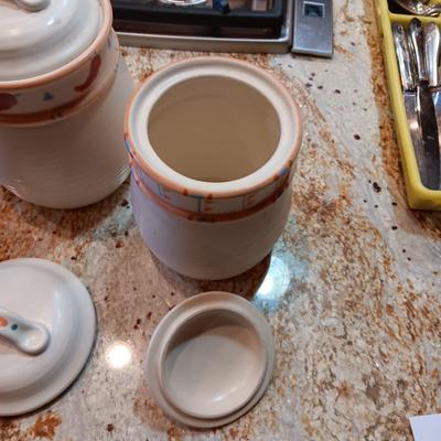 TAOS TREASURE CRAFT CANISTER SET W/EXTRA LIDS AND SPOON REST
