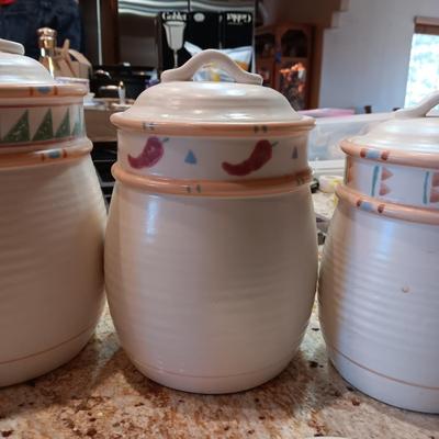 TAOS TREASURE CRAFT CANISTER SET W/EXTRA LIDS AND SPOON REST