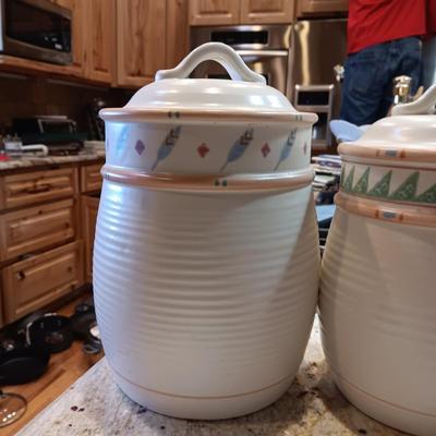 TAOS TREASURE CRAFT CANISTER SET W/EXTRA LIDS AND SPOON REST