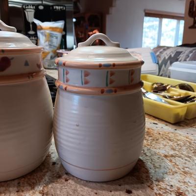 TAOS TREASURE CRAFT CANISTER SET W/EXTRA LIDS AND SPOON REST