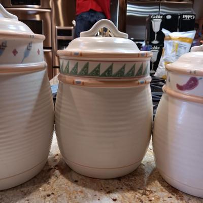 TAOS TREASURE CRAFT CANISTER SET W/EXTRA LIDS AND SPOON REST