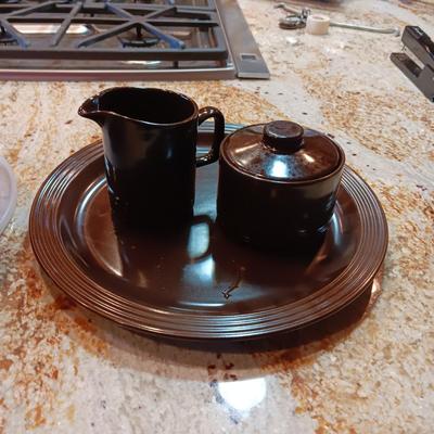 COLORFUL HARD PLASTIC NESTING BOWLS, BROWN PLATTER & CREAM/SUGAR SET