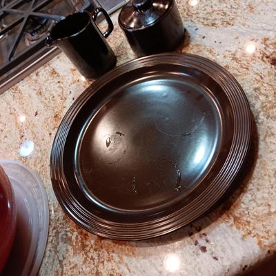 COLORFUL HARD PLASTIC NESTING BOWLS, BROWN PLATTER & CREAM/SUGAR SET