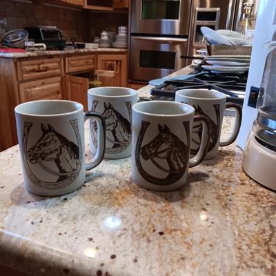 COFFEE MAKER, COFFEE MUGS WITH HORSE HEAD AND COFFEE BEAN GRINDER