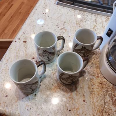 COFFEE MAKER, COFFEE MUGS WITH HORSE HEAD AND COFFEE BEAN GRINDER