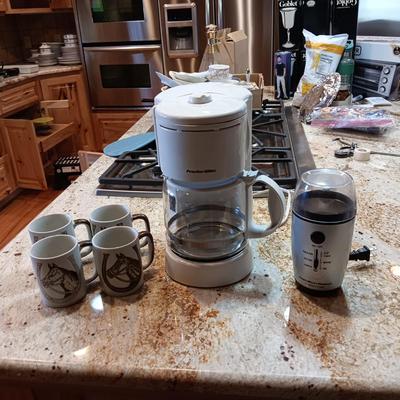 COFFEE MAKER, COFFEE MUGS WITH HORSE HEAD AND COFFEE BEAN GRINDER