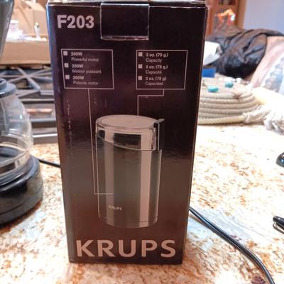 2 CUP COFFEE MAKER, KRUPS COFFEE BEAN GRINDER AND 4 TRAVEL MUGS