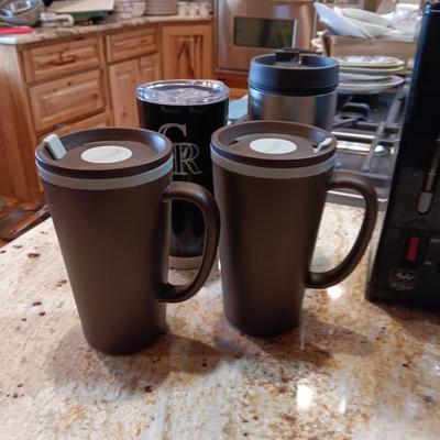 2 CUP COFFEE MAKER, KRUPS COFFEE BEAN GRINDER AND 4 TRAVEL MUGS