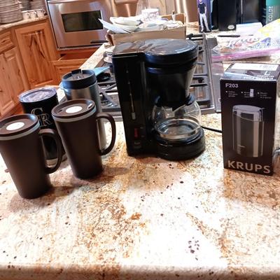 2 CUP COFFEE MAKER, KRUPS COFFEE BEAN GRINDER AND 4 TRAVEL MUGS