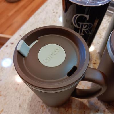 2 CUP COFFEE MAKER, KRUPS COFFEE BEAN GRINDER AND 4 TRAVEL MUGS