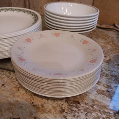 CORELLE DINNERWARE AND DRINKING GLASSES