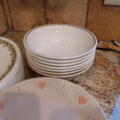 CORELLE DINNERWARE AND DRINKING GLASSES