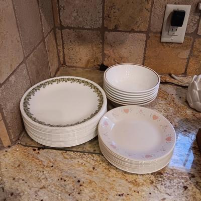 CORELLE DINNERWARE AND DRINKING GLASSES