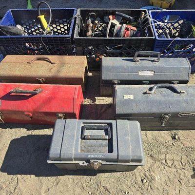 #2028 • (5) Toolboxes and (3) Milk Crates with Tools
