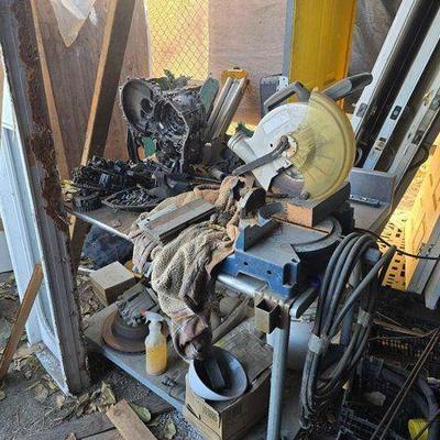 #2502 • Metal Table, Ryobi Miter Saw, Transmission Parts, Nail Coils
