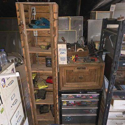 #2512 • Power Tools, Battery Packs, Husky Toolbox, Tape Measures, Wooden Cabinets

