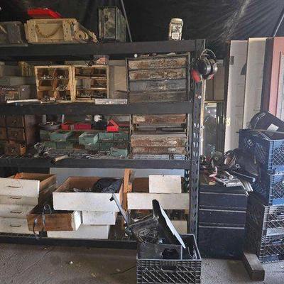 #2514 • Bolt Organizers, Wooden Crates, Pipe Wrenches, Welding Masks, Carburetor
