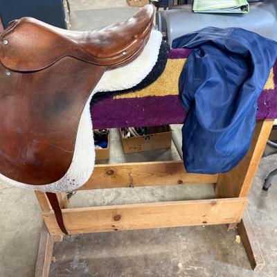 English Leather Riding Saddle w/blankets & Wood Stand