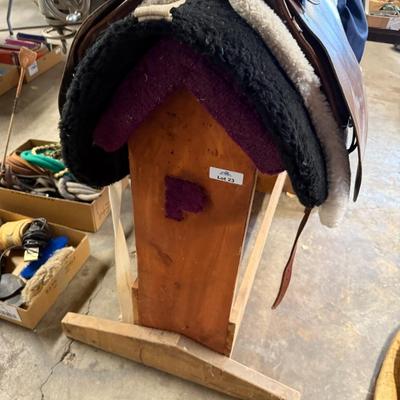 English Leather Riding Saddle w/blankets & Wood Stand