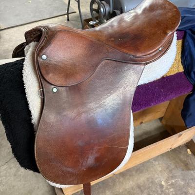 English Leather Riding Saddle w/blankets & Wood Stand