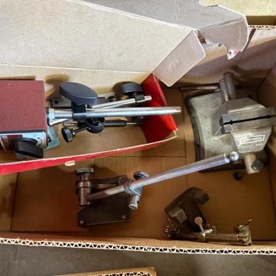Box of metal Magnetic Indicator Bases/Craftsman small vice as shown
