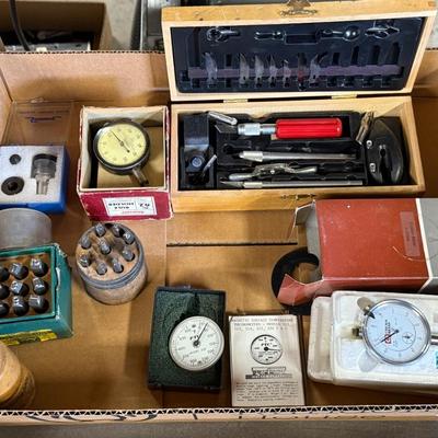 Box of misc. tools – Number Punches/Exacto Set/micrometer
