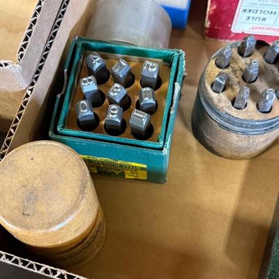 Box of misc. tools – Number Punches/Exacto Set/micrometer