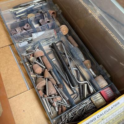 Box lot of misc. Dremmel Tools/misc. Screws/Tape Measure