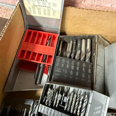 Box of lots of metal drill bits – about a dozen small boxes