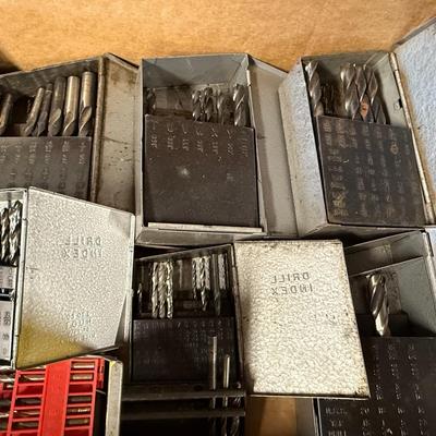 Box of lots of metal drill bits – about a dozen small boxes