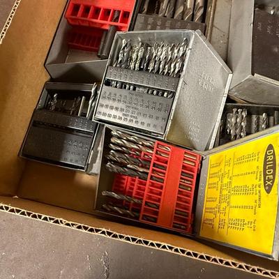 Box of lots of metal drill bits – about a dozen small boxes