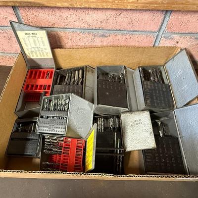 Box of lots of metal drill bits – about a dozen small boxes