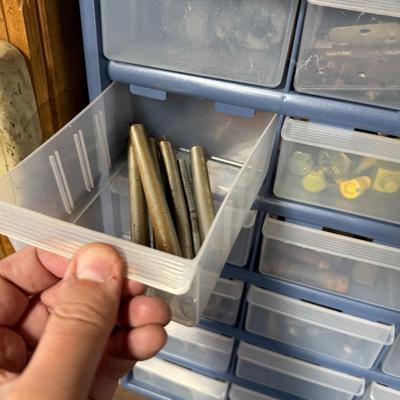2 Plastic Boxes of assorted hardware in plastic pull out drawers