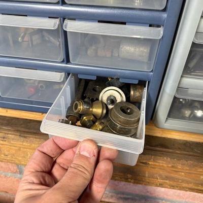 2 Plastic Boxes of assorted hardware in plastic pull out drawers