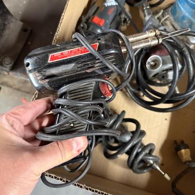Box of 5 Misc. Electrical Tools – Sanders/soldering gun/drill/electric screwdriver