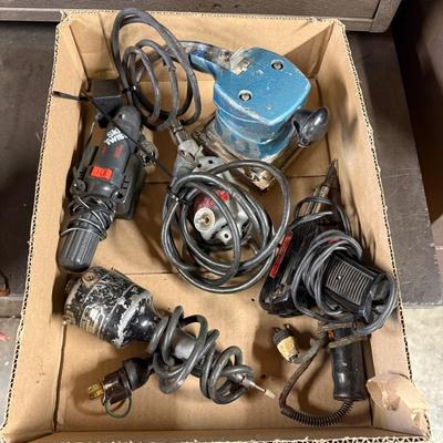 Box of 5 Misc. Electrical Tools – Sanders/soldering gun/drill/electric screwdriver