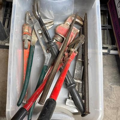 Plastic bin of tools – bolt cutters/2 pipe wrenches/chanel locks